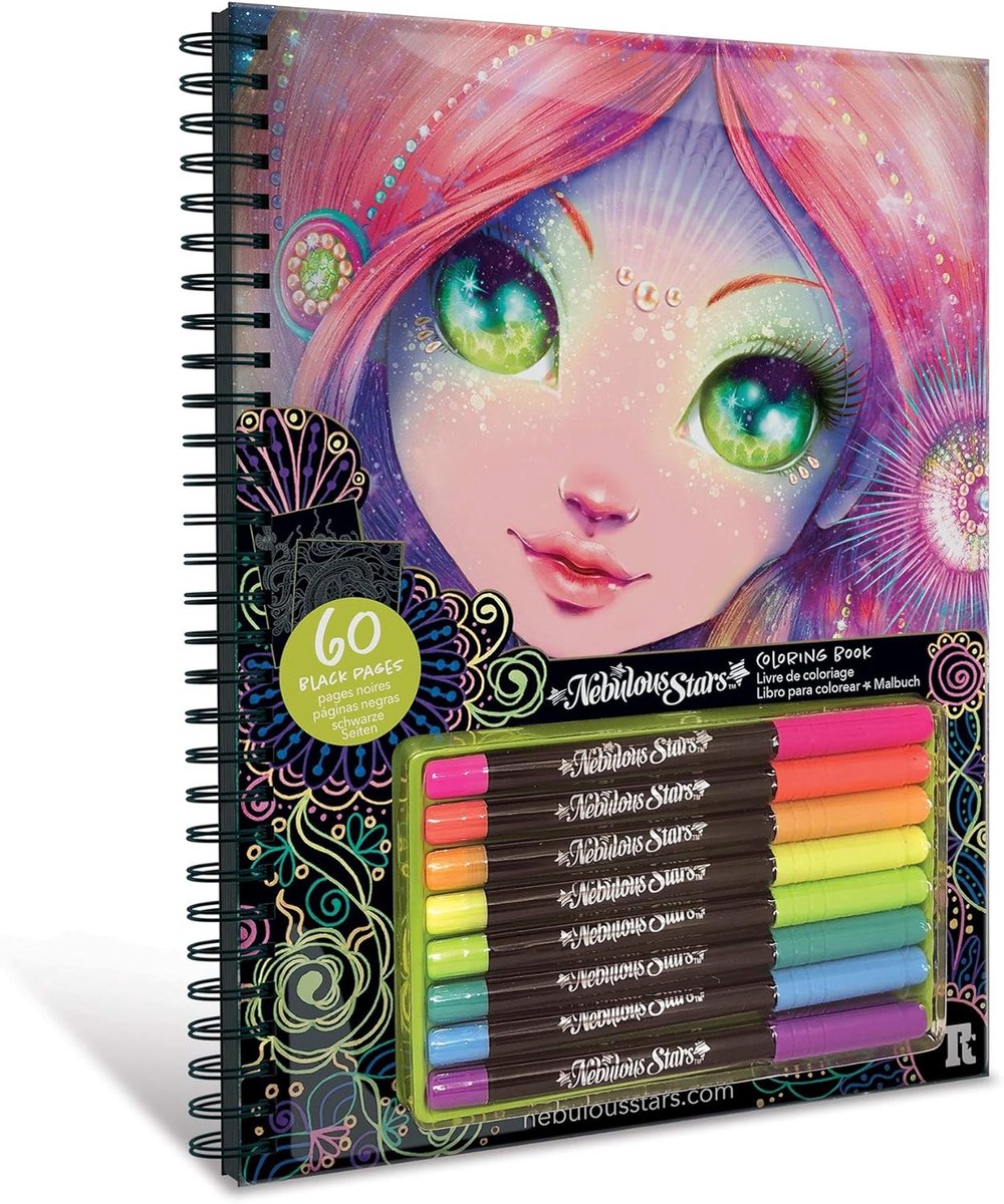 Nebulöse Sterne – Malbuch – Farbe auf schwarzem Papier – Metallic-Gelstifte – Farben