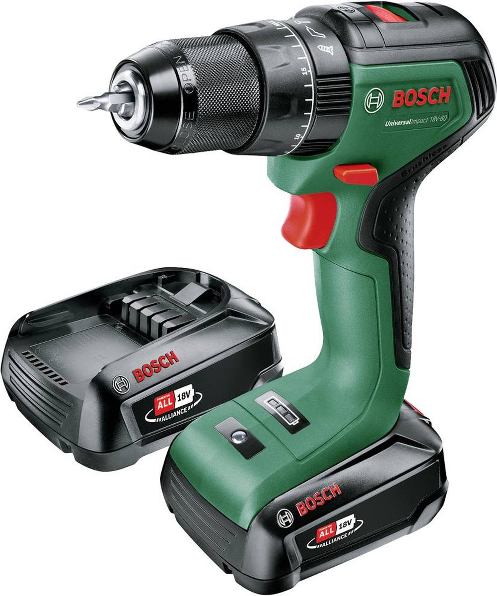 Imp Bosch Green Universalact 18V-60 | Akku-Schlagbohrschrauber | mit zwei Positionen | 2 x 2,0 Ah Akku + Ladegerät – 06039d7102