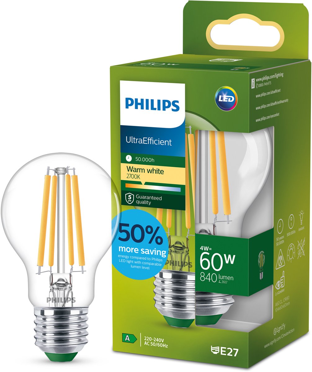 Philips LED Philips ultraeffiziente LED-Lampe transparent – 60 W – E27 – warmweißes Licht