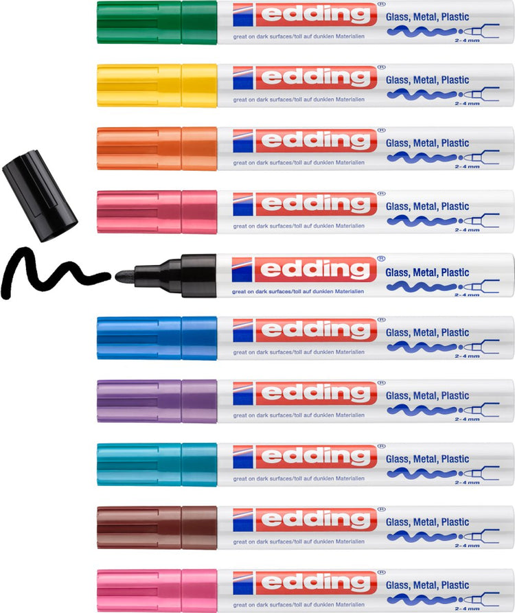 Edding 750 Glanzlackmarker – Box mit 10 verschiedenen Farben – 2–4 mm – hitzebeständig und lichtecht – geeignet zum dauerhaften Markieren, Dekorieren, Zeichnen auf Glas, Metall, Kunststoff und beschichtetem Papier