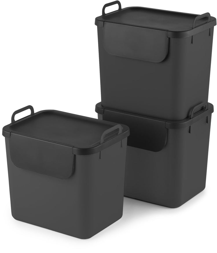 Rotho Jive Mülltrenner – Set à 3 Stück – inklusive 6 Aufkleber für verschiedene Abfallströme – 3x grau