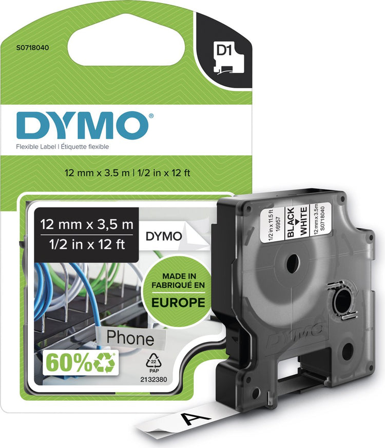 Dymo Original D1 langlebige, flexible Nylonetiketten | schwarzer Text auf weißem Etikett | 12 mm x 3,5 m | selbstklebende Etiketten für den Etikettendrucker Label Manager | Hergestellt in Europa