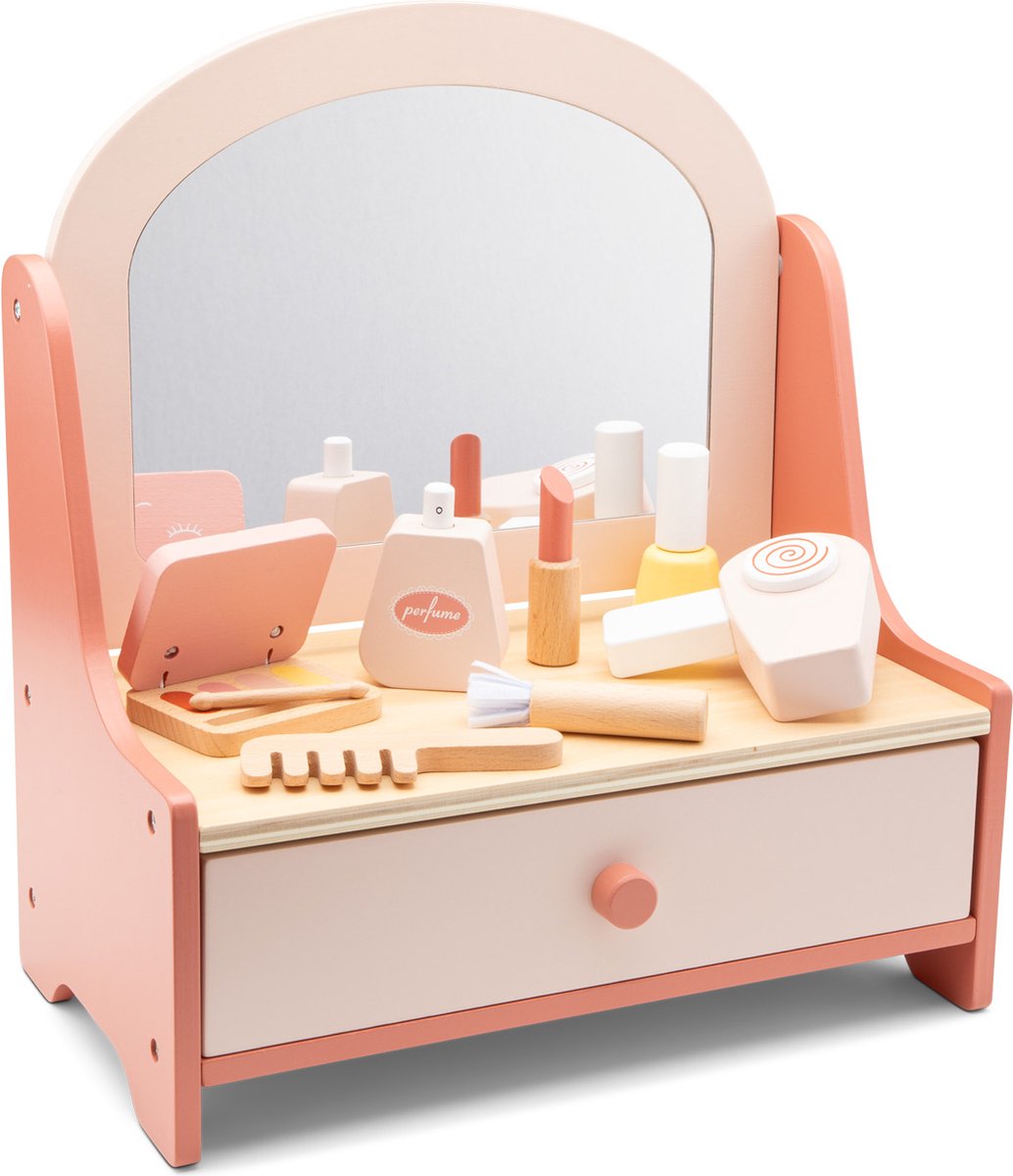 Woet® Holzspielzeug-Schminktisch – rosa Schminktisch mit Spiegel 7 Zubehörteile – Rollenspiel für Kinder – ab 3 Jahren
