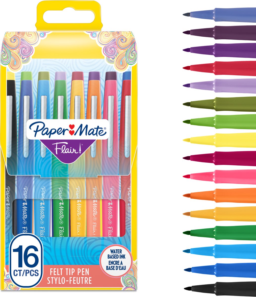 Paper Mate Flair Filzstifte | mittlere Spitze (0,7 mm) | verschiedene Farben | Koffer mit 16 Teilen