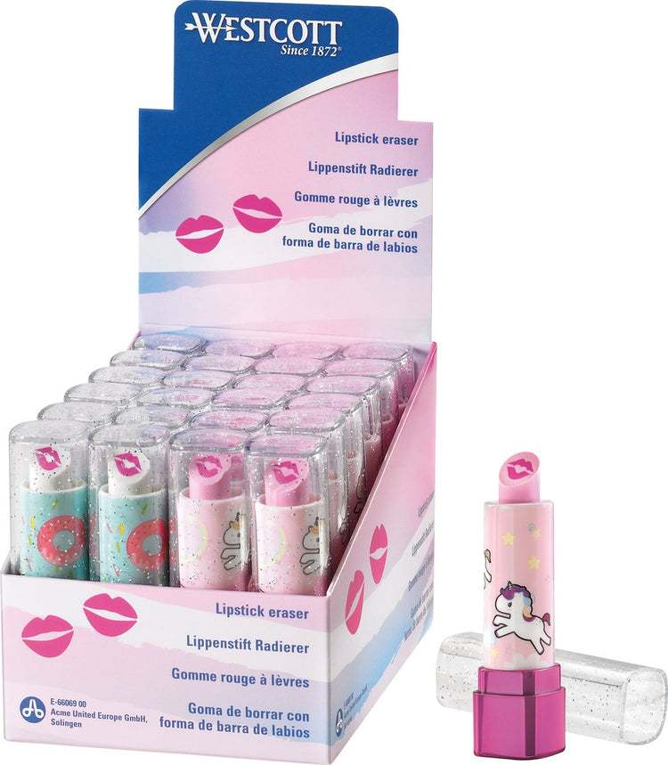 Westcott Radiergummi – Lippenstiftform – in 2 verschiedenen Farben – Display mit 24 Stück – ac-e66069