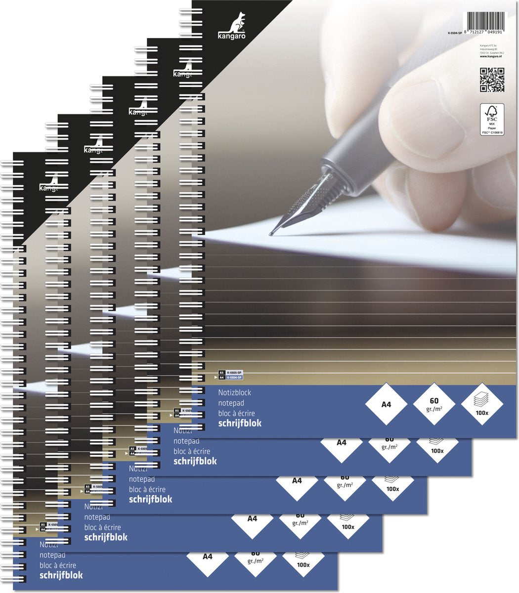 Kangaro-Schreibblock – A4 – mit Linie – Spirale – 60 Gramm – 200 Seiten – 5 Stück – k-5504-sp-5