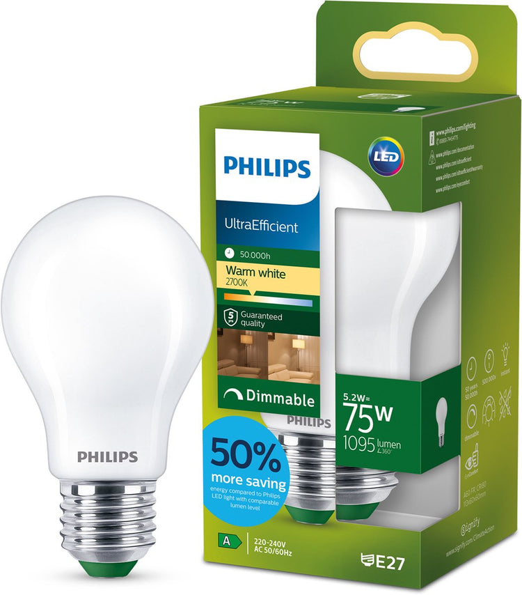 Philips LED Ultraeffiziente LED-Lampe von Philips – 60 W – E14-Fassung – warmweißes Licht: 2700 K – klares Glas – P45-Kugellampe – lange Lebensdauer