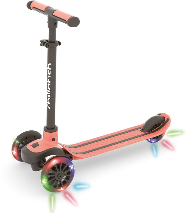 Chillafish Kinderroller 3 Jahre mit drei LED-Rädern – Pink – leichter Glow-Scooter für Mädchen mit abnehmbarem Lenker und Fußbremse – höhenverstellbar – Lean-to-Steer – extra Griffe – keine Batterien erforderlich – Modell Scotti Glow 3