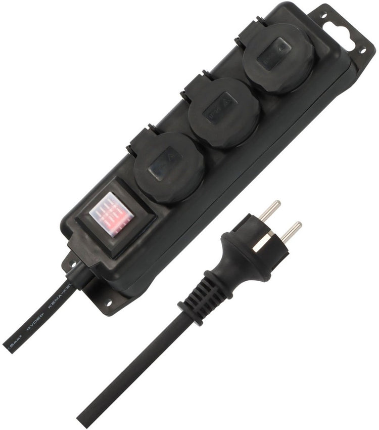 Brennerstuhl Steckdose mit Schalter IP44 3-fach schwarz 2m h07rn-f 3g1,5