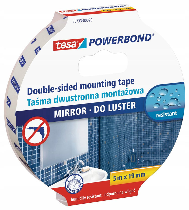 Tesa® Power Bond – doppelseitiges Montageband – wasserbeständig – hohe Haftung – ideal für Spiegel – 5 m – 19 mm