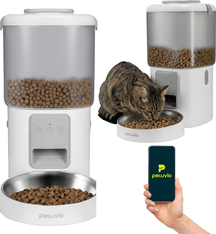 Peluvio Crispy mit App – automatischer Futternapf für Katze und Hund – 4,5 l Trockenfutter 5–15 mm – Futternapf aus Edelstahl – Batterie-Backup – Audio – Futterautomat – Futterspender