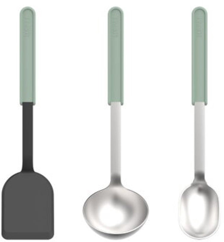Mepal Kochset 3-teilig (Spatel + Rührlöffel + Servierlöffel) Chef It – Kochgeschirr mit Antihaftbeschichtung – hitzebeständig – spülmaschinenfest – Küchenutensilien – nordischer Salbei