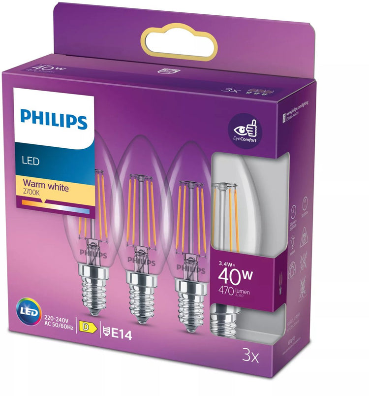 Philips LED-Lampe – Kerzenlampe mit E14-Fassung – warmweißes Licht: 2700 K – 40 W – klares Glas – 3er-Pack