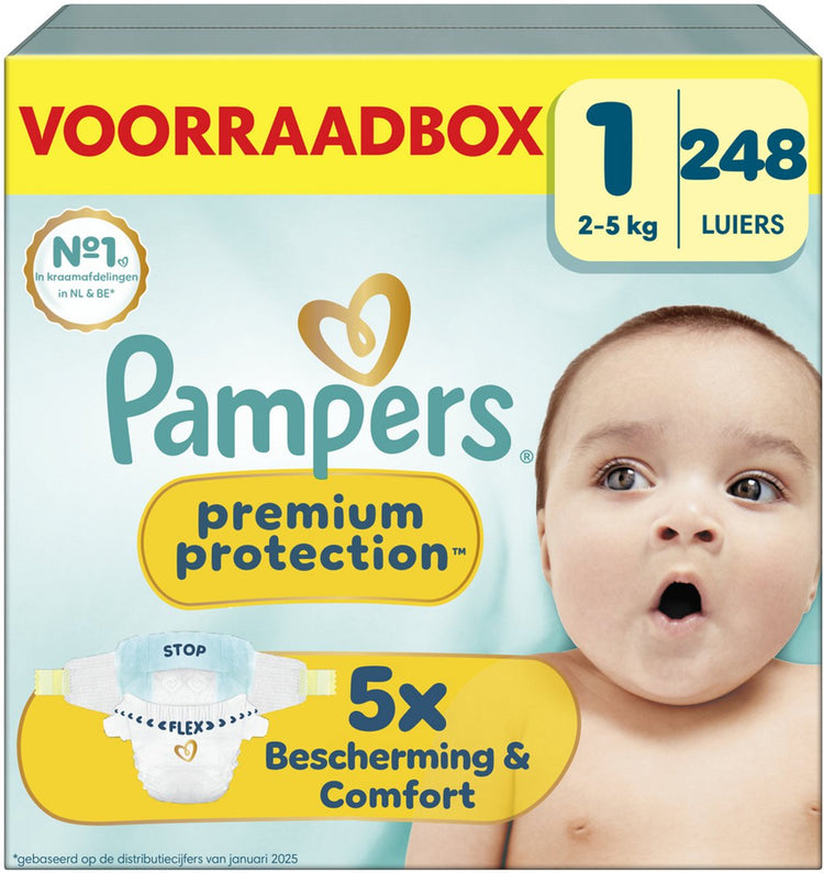 Pampers Premium Protection Größe 1 – 248 Windeln – 2 kg–5 kg – Aufbewahrungsbox