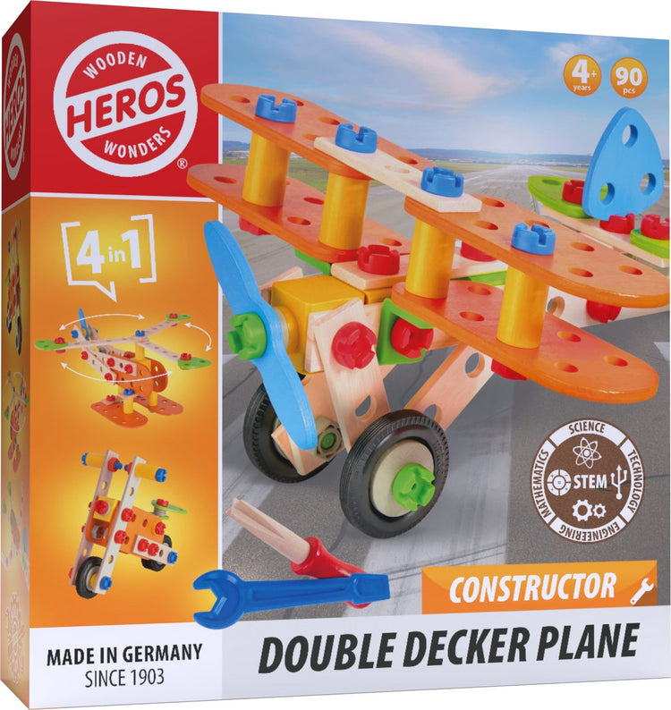 Heros Constructor Doppeldecker-Flugzeug – Konstruktionsspielzeug – 4-in-1 – 90 Teile – Holzbaukasten – FSC-Holz – hergestellt in Deutschland – selbst bauen – ab 4 Jahren
