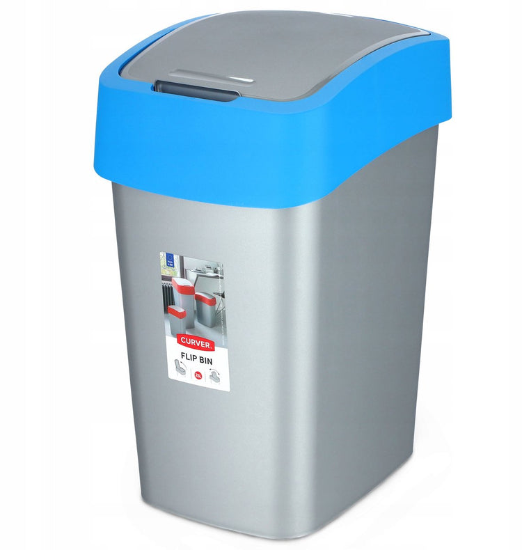 Curver Cuver – Mülleimer mit Deckel – grau mit blauem Rahmen – 25 l, Flip-Mülleimer