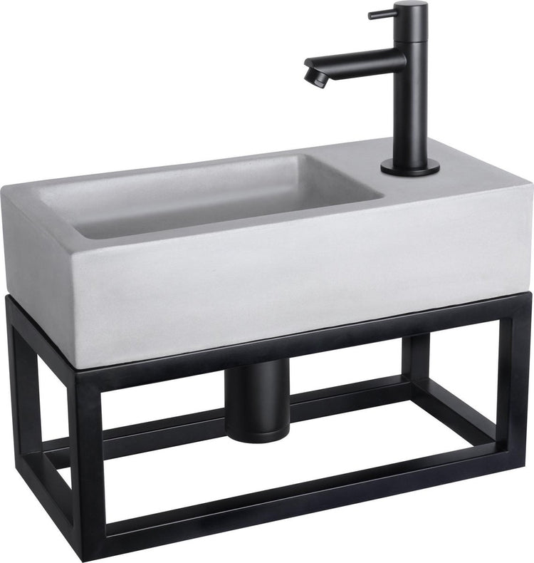 Differnz Ravo-Brunnen-Set – 38,5 x 18,5 x 25 cm – rechteckig – 1 Hahnloch – gerader mattschwarzer Wasserhahn – mit schwarzem Rahmen – Beton hellgrau