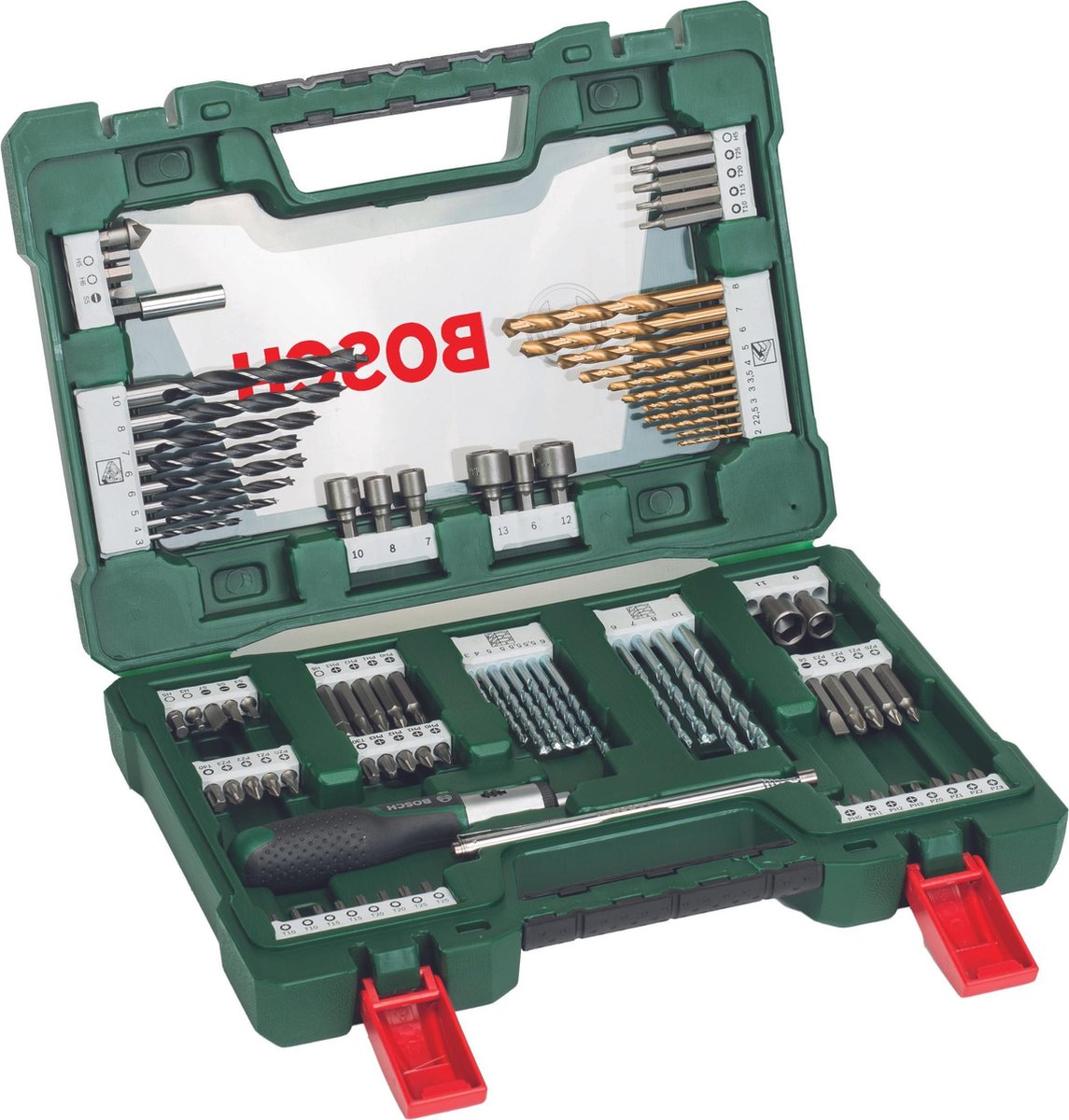 Bosch V-Line-Bohrer- und Bit-Set mit Ratschenschraubendreher und magnetischem ausziehbarem Stift, 91-teilig