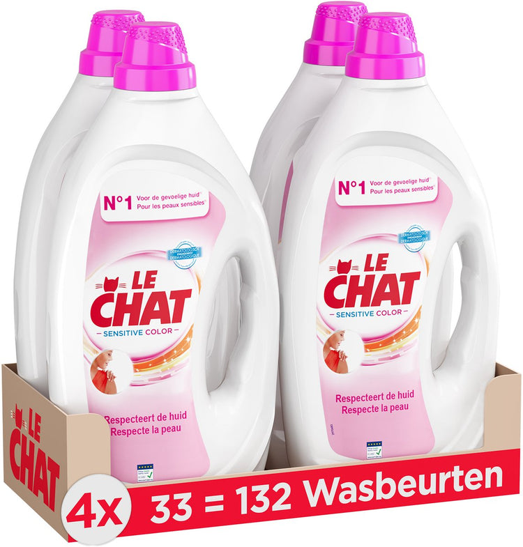 Le Chat Gel Sensitive Color – Flüssigwaschmittel – für Buntwäsche geeignet – frischer Duft – Marseille-Seife – Vorteilspack – 4 x 33 Wäschen