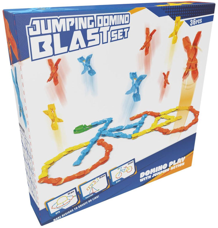 Eddy Toys Jumping Domino Blast Set 36 Teile – Dominospiel Kinder mit Pop-Up-Effekt – Jumping Domino Set mit Action – Domino Stunt Set Interaktive Dominobahn – Bunter Bauspaß