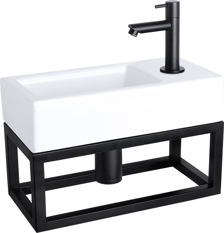 Differnz Helios Brunnen-Set – 37,5 x 18,5 x 9,5 cm – rechteckig – 1 Hahnloch rechts – gerader mattschwarzer Wasserhahn – mit schwarzem Rahmen – Keramik weiß