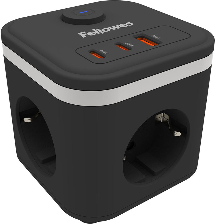 Fellowes Power Cube Steckdosenleiste – Typ F – 3 Steckdosen + USB-C USB-A – 2 m Kabel – mit Schalter – Cube-Verlängerungskabel