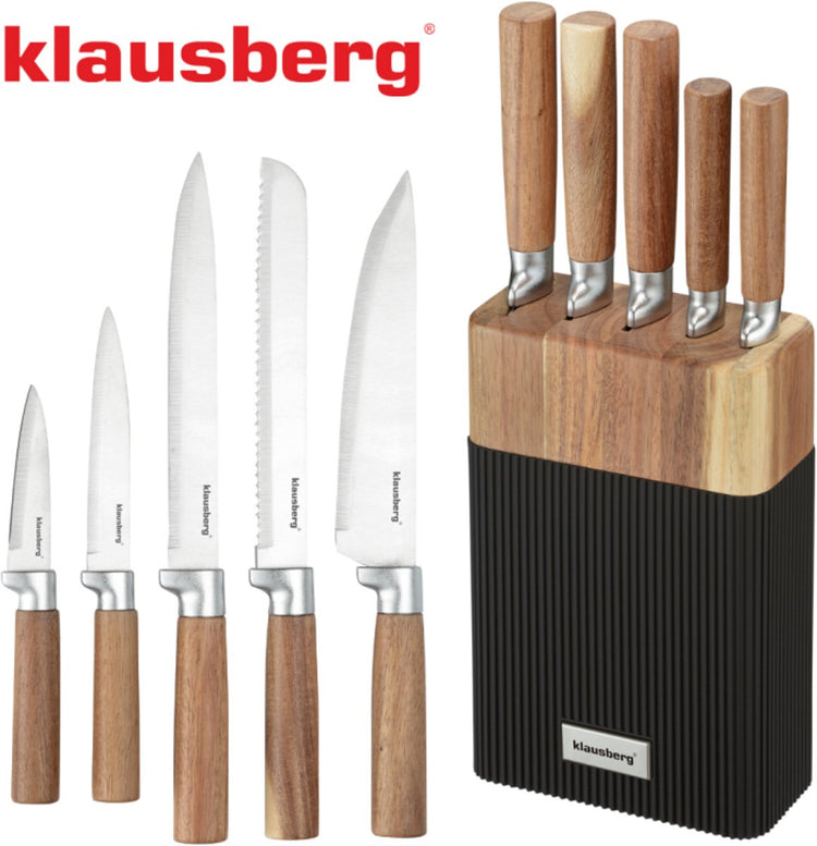 Klausberg kb-7981 6-teiliges Messerset - 5 Messer mit Akazienholzblock - Edelstahl schwarz - Messerblock inklusive Messer - Naturoptik - Kochmesser - Brotmesser -