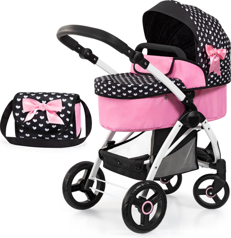 Bayer Design Puppenwagen City Max mit Tasche, höhenverstellbar, drehbare Räder vorne, umwandelbar in einen Buggy, integrierter Korb in Schwarz und Weiß