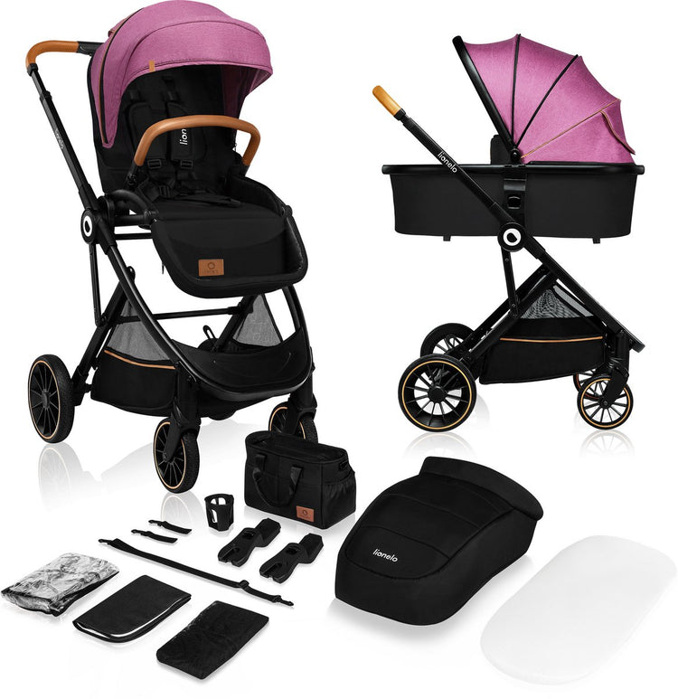 Lionelo Riya – Kinderwagen 2 in 1 – Wiege + Kinderwagen – 0–15 kg – faltbar – XXL-Sonnenverdeck – verstellbare Rückenlehne – große PU-Räder – Zubehörset – verstellbare Schiebestange – für Heckmontage