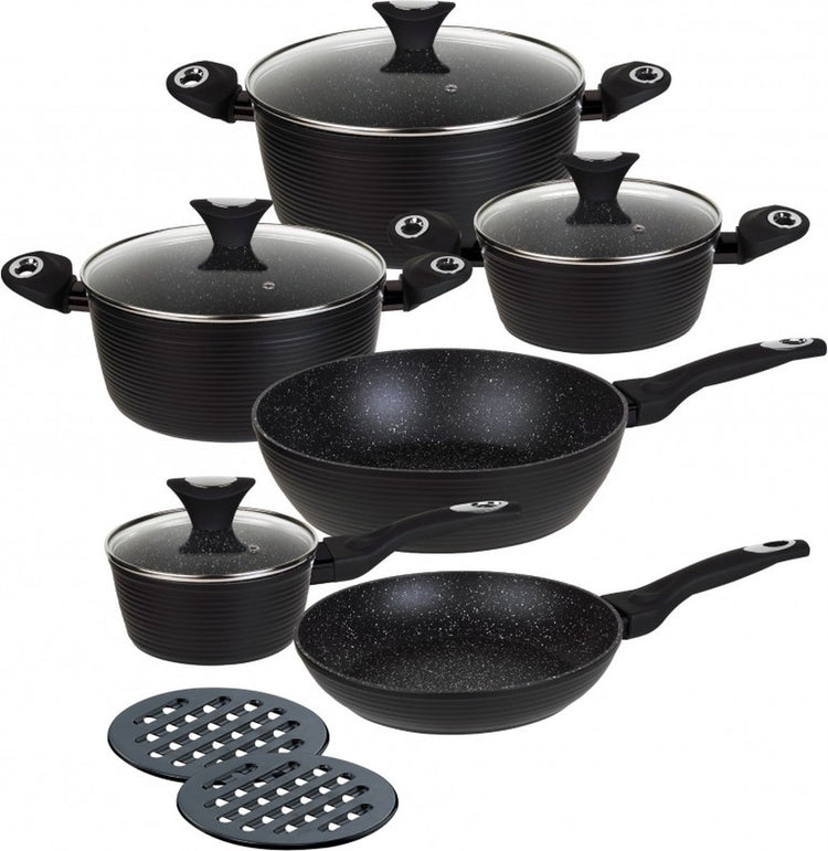 Klausberg 7244 Pfannenset - 12-teilig - Marmor-Keramik-Beschichtung - geschmiedetes Aluminium - Cool Touch - induktionsgeeignet alle Herdarten - schwarz
