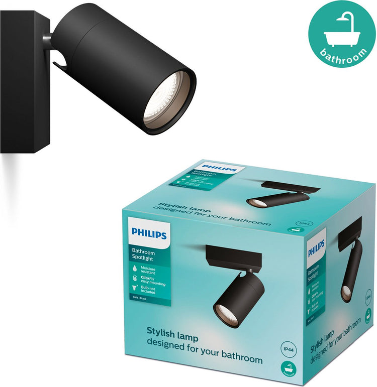 Philips LED Philips Idris Spot - spritzwassergeschützt IP44 - Schwarz - 5W - Badezimmerlampe - ein Lichtpunkt - nur für LED-Spots geeignet
