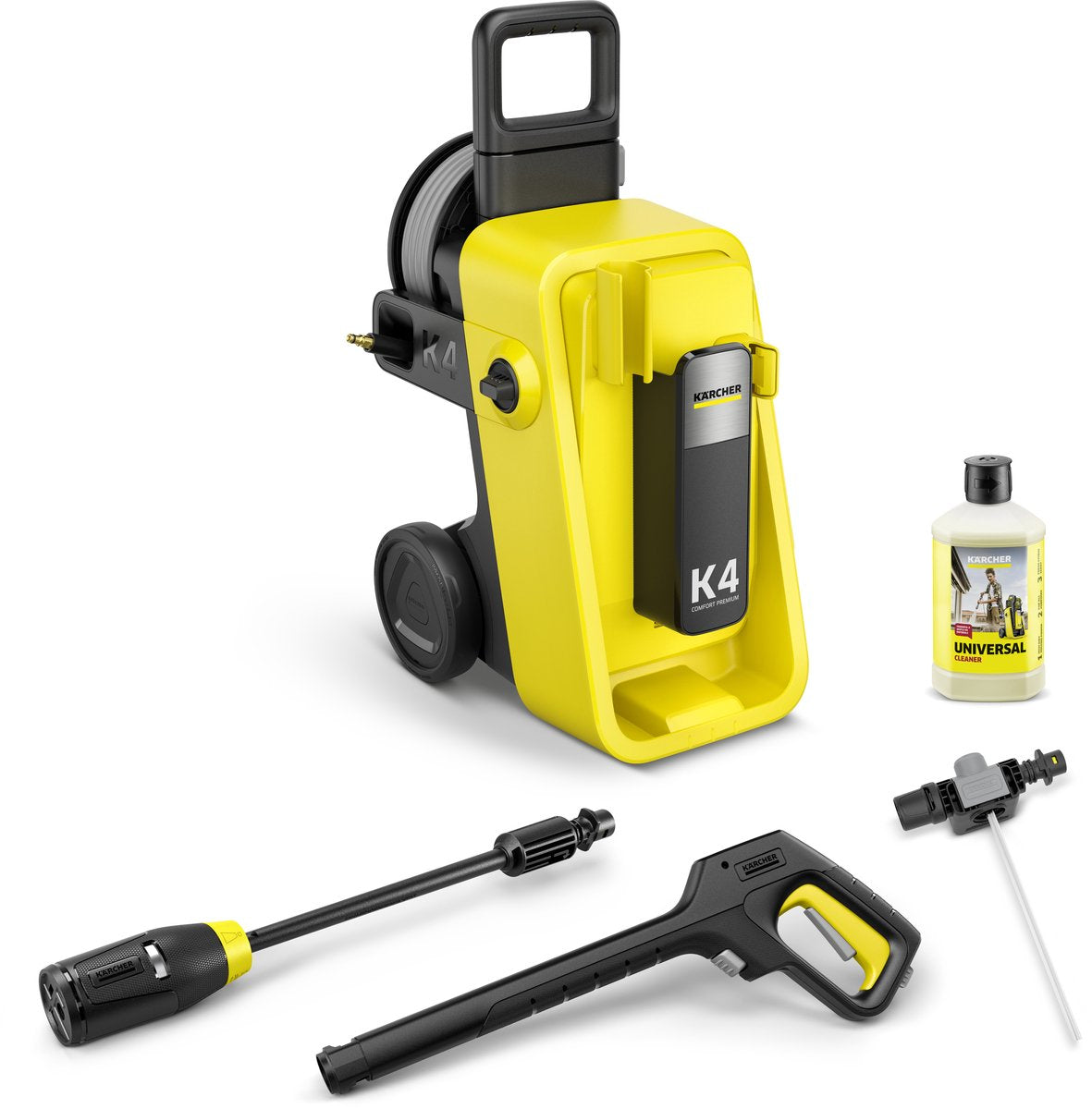 Kärcher K 4 Comfort Premium Hochdruckreiniger – 130 bar – 420 l·h – 30 m²·h – Schlauchtrommel – 4-in-1-Sprühlanze – geeignet für u.a. Auto - Fahrräder - Terrasse - Motorräder - Zaun und Gartenmöbel