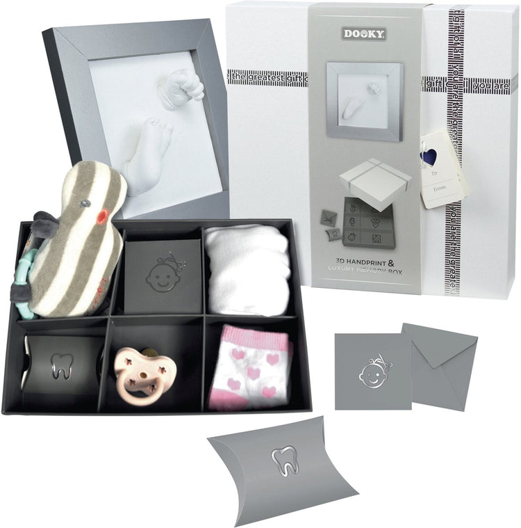 Dooky® dooky 3D-Baby-Hand- und Fußabdruckrahmen mit Erinnerungsbox – Foto- und Gipsabdruck – hautfreundlich, einfach herzustellen – Schwangerschaft oder Geschenk