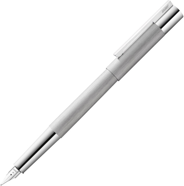 Lamy Scala Füllfederhalter 051 – Füllfederhalter aus satiniertem Edelstahl in Silber mit hochglänzendem Chrom-Griffclip – polierte Edelstahlfeder in Strichstärke f – inkl. Tintenpatrone T 10 blau - dauerhaft nachfüllbar