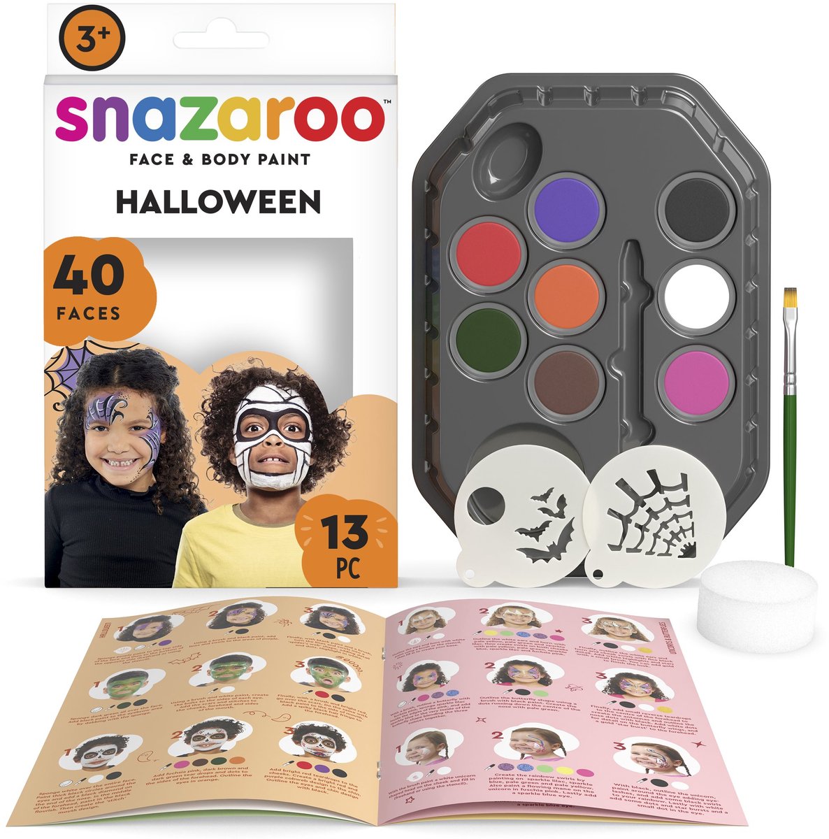 Snazaroo 1172184 Halloween-Charaktere Aqua-Schminkset – Kinderschminken – Hexe, Skelett-Zombie-Schminkset – 13-teilig, hypoallergen