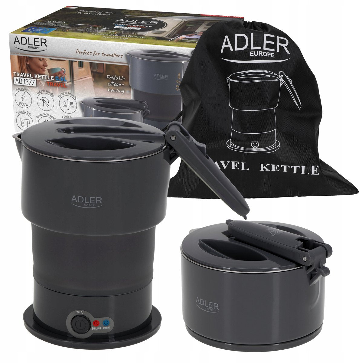 Adler kompakter Reisewasserkocher 600 W 0,6 l – faltbar und tragbar