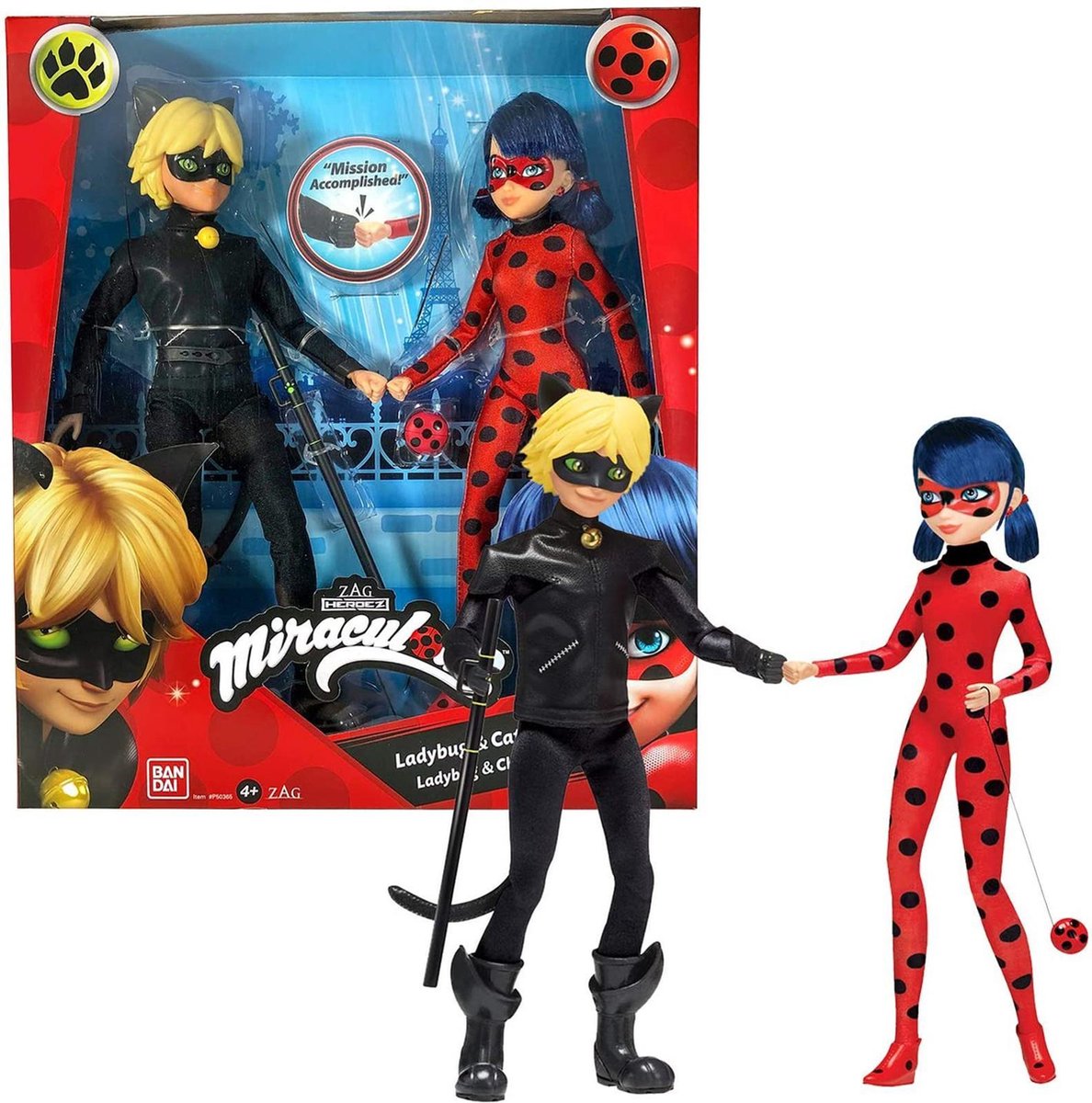 Bandai Miraculous Ladybug – Miraculous-Spielzeugset – Packung mit 2 Miraculous-Puppen – Miraculous-Mannequin-Figur 26 cm – Marienkäfer-Kinderfigur mit schwarzer Katze – Kinderspielzeug ab 4 Jahren – P50365