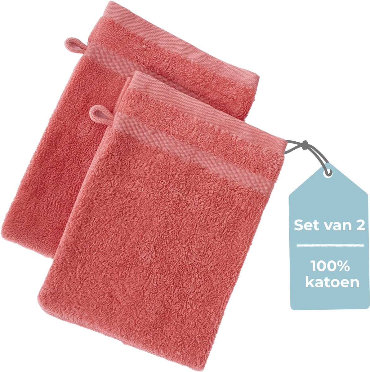 Stille. Living Hush Living Waschlappen – 2er-Set – 100 % Baumwolle – schwere Qualität, 500 g m2 – stilvolle Bordüre und Aufhängeöse – 16 x 22 cm – Koralle