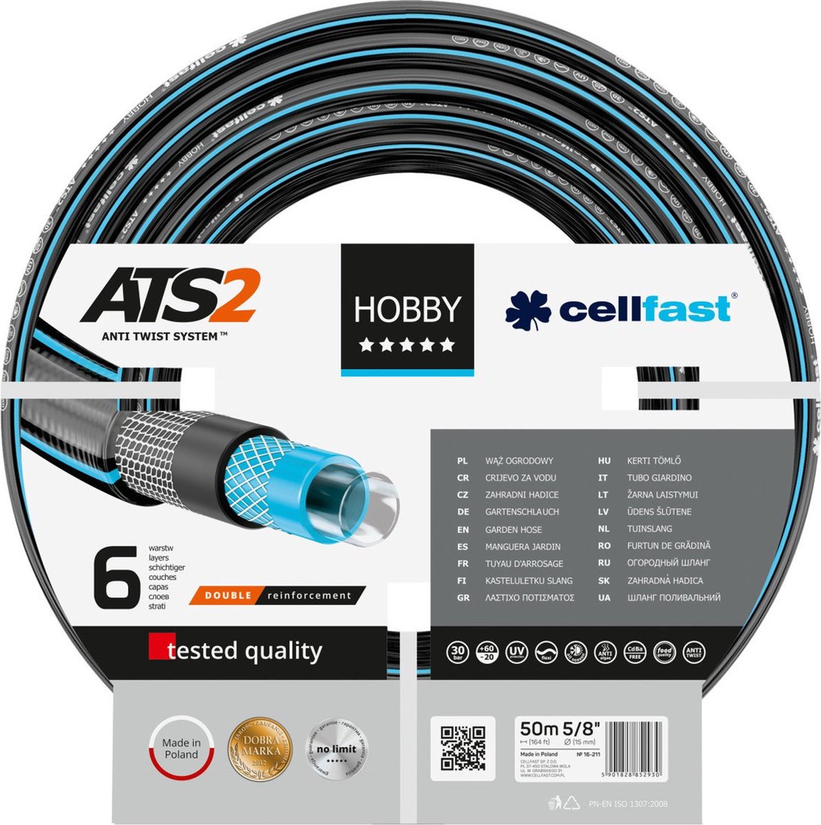 Cellfast Hobby – 6-lagiger Gartenschlauch 5 8 verstärkt 50 m lang – UV-Schutz