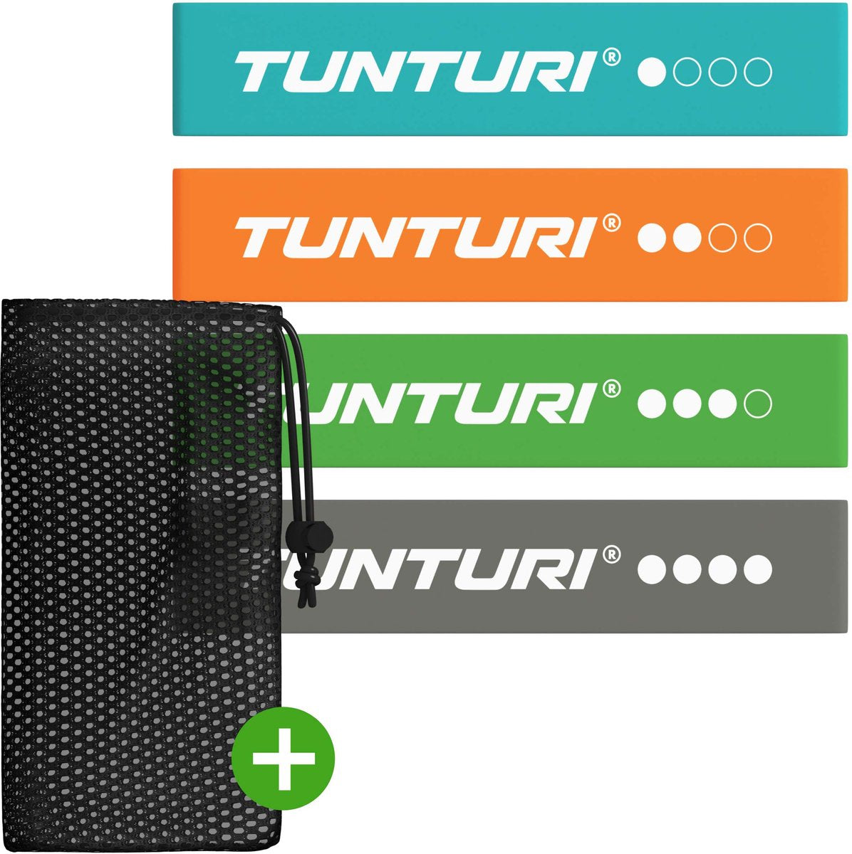 Tunturi 4 Widerstandsbänder Set - Mini Power Body Band - Widerstandsband - Fitness Elastic - Fitnessband - Trainingsband - Gymnastikband - inkl. kostenlose Fitness-App