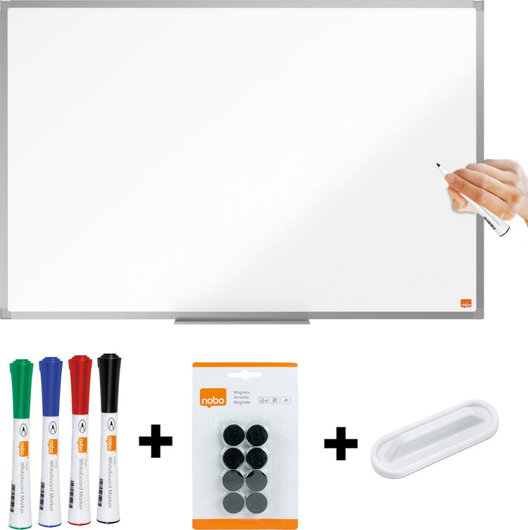 Nobo Essence magnetisches Whiteboard-Set 90 x 60 cm – mit Starter-Set – mit Stiftablage – lackierte Stahltafel – weiß