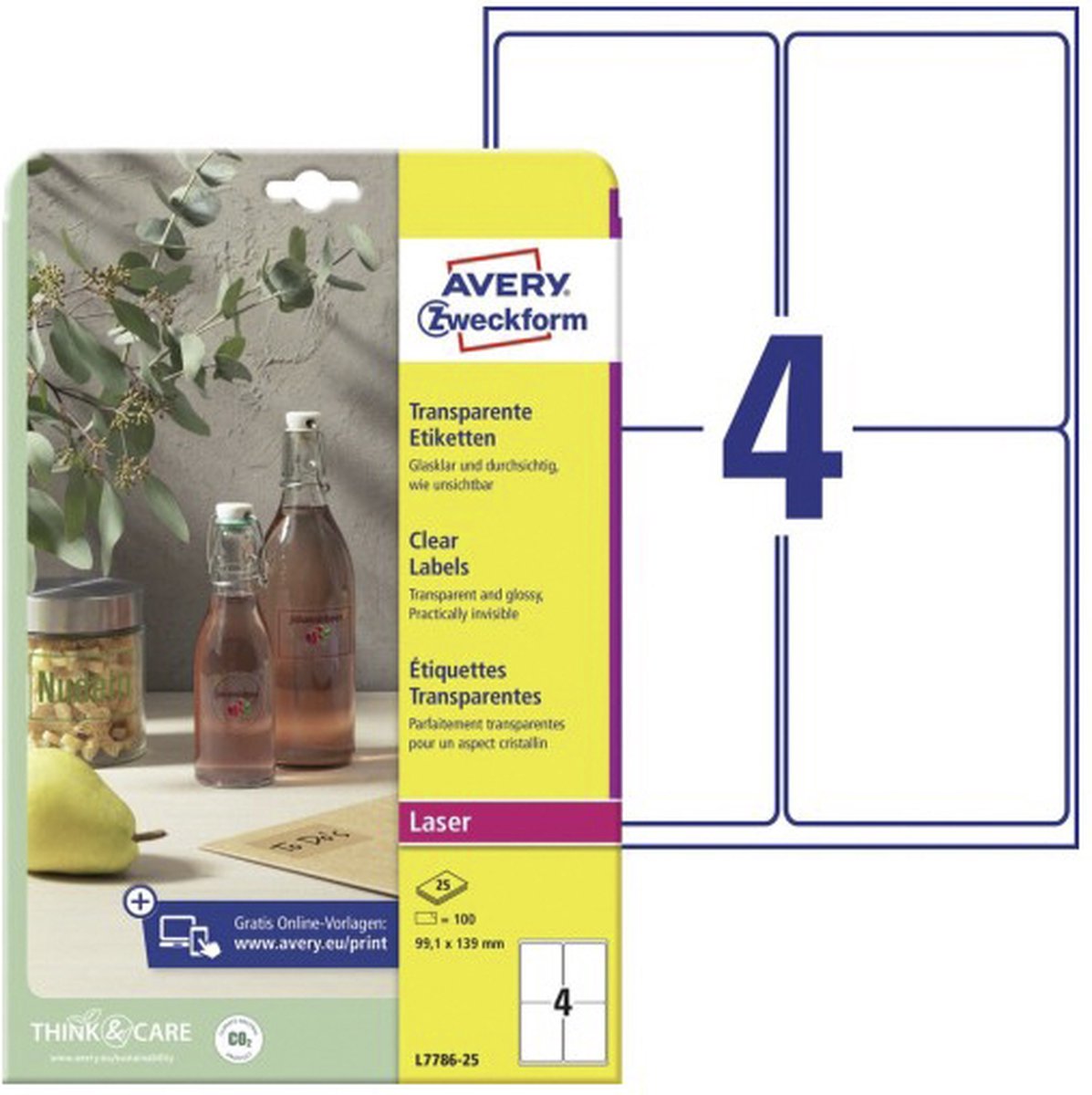Avery Zweckform Laseretikett Avery 99 – 1 x 139 mm, transparent, 25 Blatt, 4 Etiketten pro Blatt