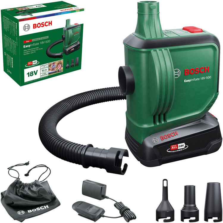 Bosch easyinflate 18v-500 – Akku-Luftpumpe – inkl. 1x 18V 2,0 Ah Akku - Ladegerät - 3 Düsen - 50cm Schlauch - Aufbewahrungstasche