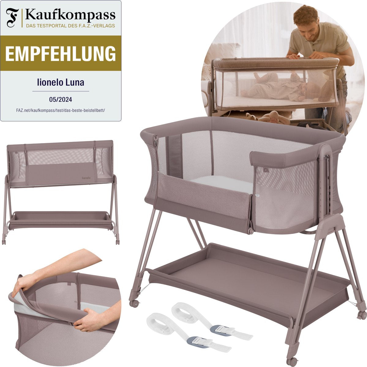Lionelo Luna – 2-in-1-Babybett-Beistellbett – Geburt bis 9 kg – 7 Höhenpositionen – neigbare Matratze – Netzseiten – Räder mit Blöcken – waschbarer Bezug – inklusive Aufbewahrungskorb