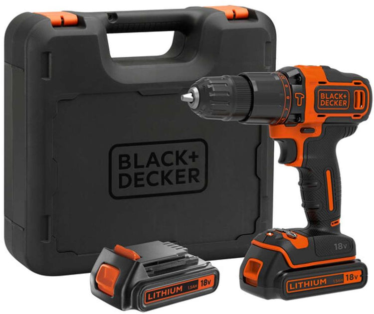 Black+Decker 18-V-Lithium-Ionen-Akkuschrauber mit 2 x 1,5-Ah-Akkus, 2 variablen Geschwindigkeiten, Koffer – bdchd18kb-qw