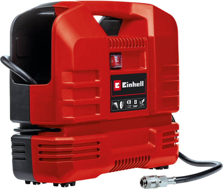 Einhell Elektrokompressor TC-AC 190 oder Set 1100 W – 8 bar – Saugleistung: 190 l min – ölfrei – inkl. Blaspistole, Reifendruckmesser und 3-teiliges Adapterset