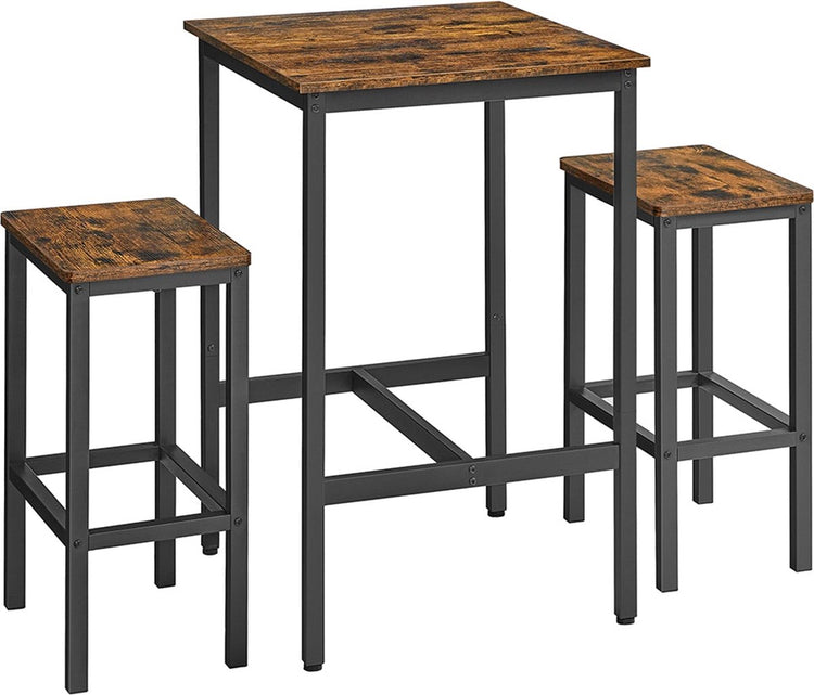 Vasagle Bartisch mit Barhocker-Set, Esstisch mit 2 Stühlen, kleiner Küchentisch 60 x 60 x 90 cm, Barhocker 30 x 40 x 65 cm, für Esszimmer, Küche, Industrie-Design, Vintage Braun-Schwarz