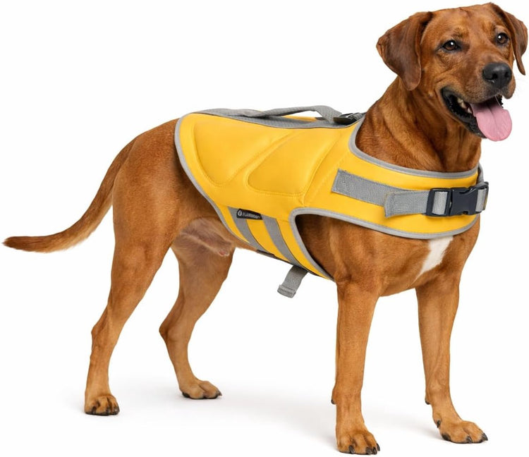 Flamingo-Schwimmweste für Hunde – Größe XL (46,5 cm) – Schwimmgelb – zusätzlicher Auftrieb – verstellbare Träger – Griff