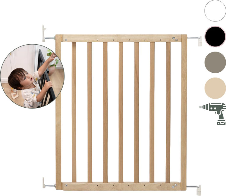 Geuther Treppenschutzgitter – Schutzgitter Maya – ausziehbares Treppenschutzgitter aus Holz – Schraubtor mit Bohrern – Schutzgitter mit Wandmontage – Öko – von 63,5 bis 105,5 cm