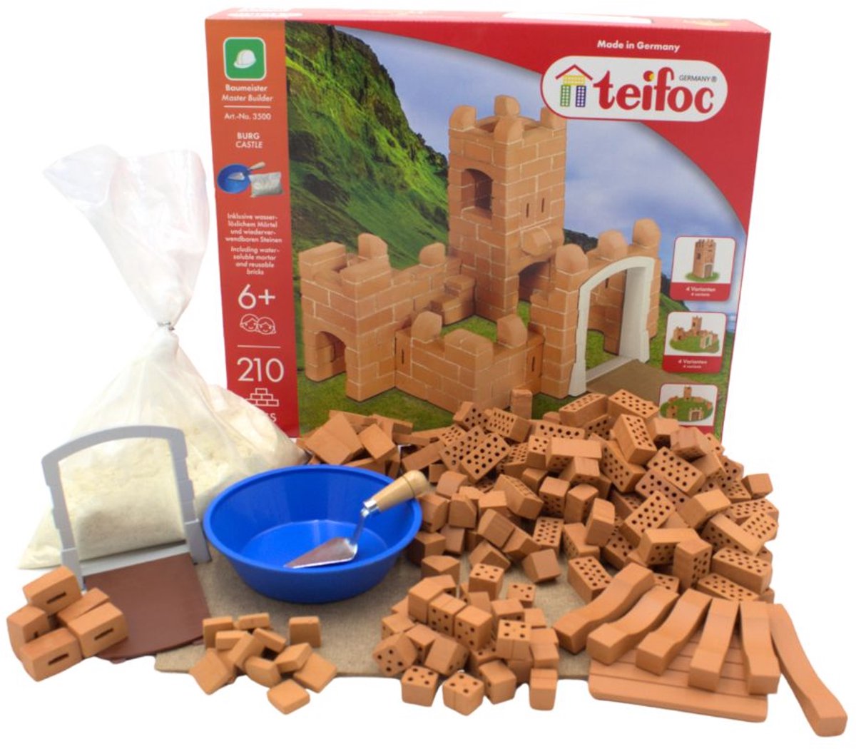 Teifoc® Baukasten – Burgbauset – 200 Teile – echte Mini-Steine mit Zement, Schüssel und Kelle – Bausatz für Kinder ab 6 Jahren